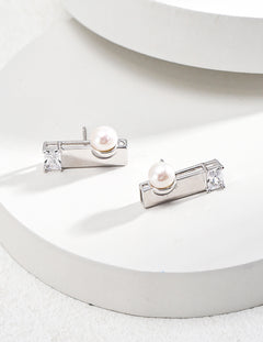 Rectangle Pearl and Zircon Silver Earrings