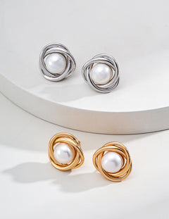 S925 Silver Natural Pearl Earrings with Intertwined Curves
